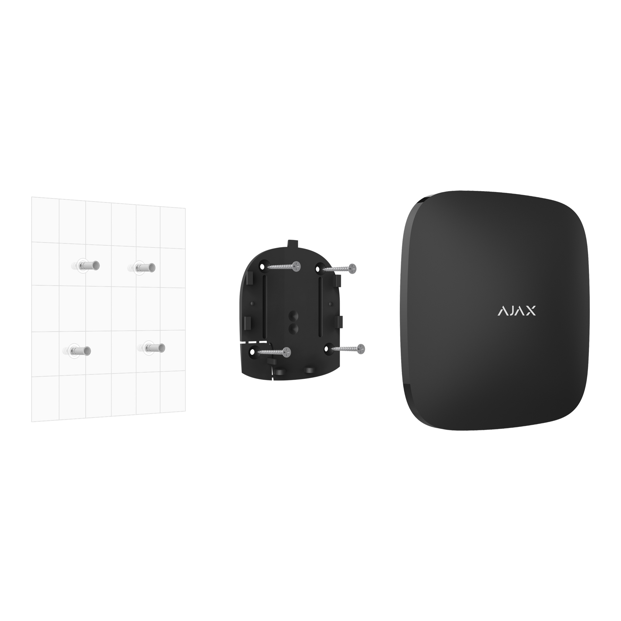 Centrala alarma wireless AJAX HUB (2G) cu suport de montaj și accesorii pentru instalare eficientă.