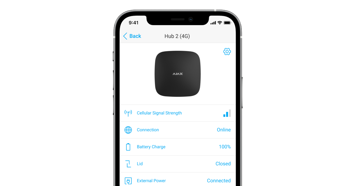 Centrala alarma wireless AJAX HUB (2G) afișează semnalul și starea de conectare pe un telefon mobil.