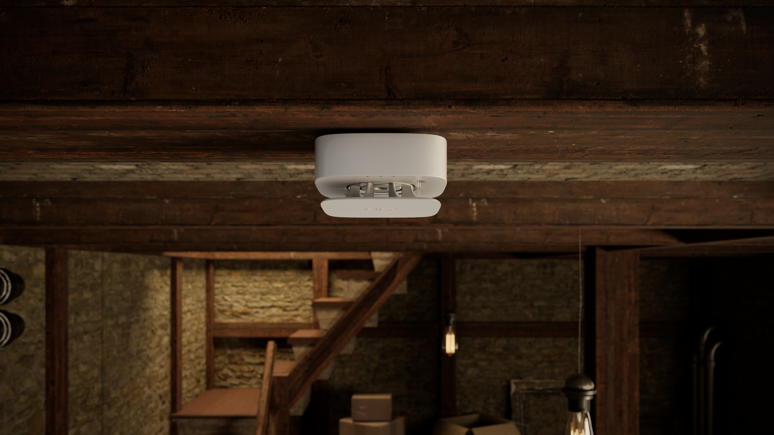 Detector wireless de monoxid de carbon, AJAX FireProtect 2 RB (CO) montat în pivniță pentru siguranța casei tale.