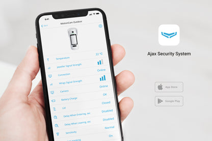 Detector PIR wireless cu verificare foto la alarma, AJAX MotionCam Outdoor PhOD, controlat prin aplicație mobilă.